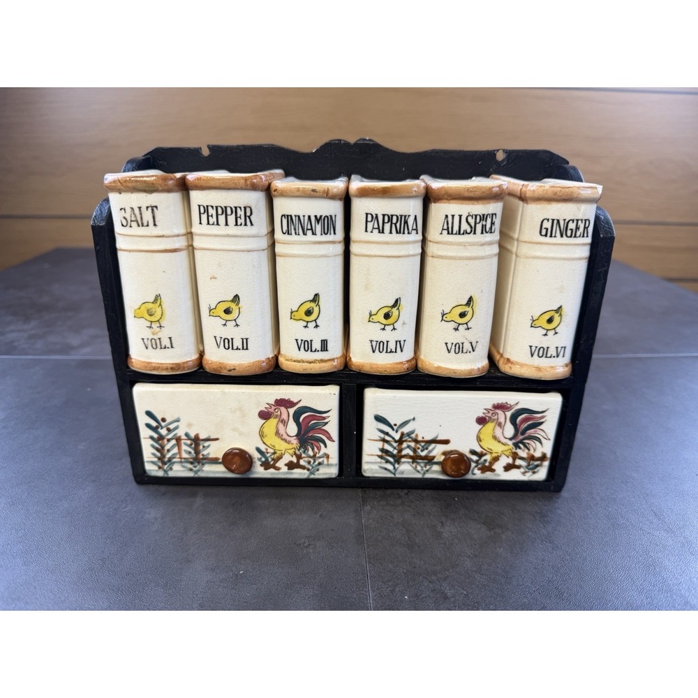 VTG 1950s Fred Roberts Rooster Spice Rack Jars and drawers-See details